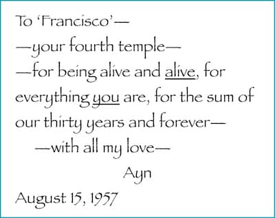 Ayn Rand’s dedication in the copy of Atlas Shrugged she presented to her husband, Frank O’Connor.